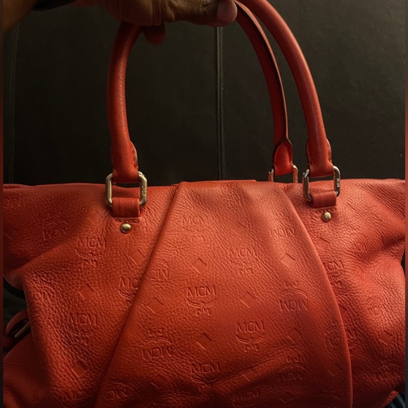 MCM Orange Monogram Embossed Leather Medium Handbag NO crossbody strap AUTH - Picture 10 of 16